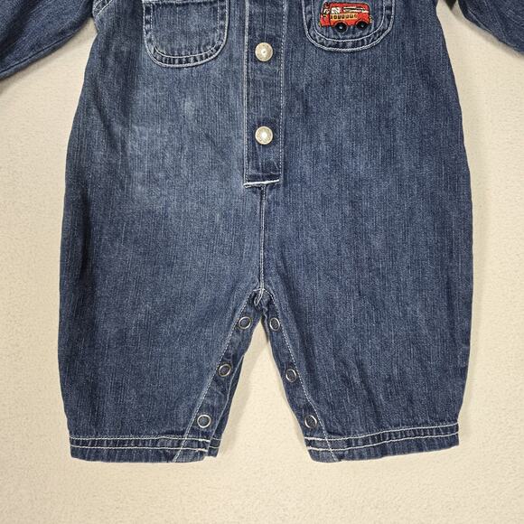 VTG Save The Children Newton Trading Co Denim Romper 3 Mo Blue Embr Fire Truck - Picture 3 of 14